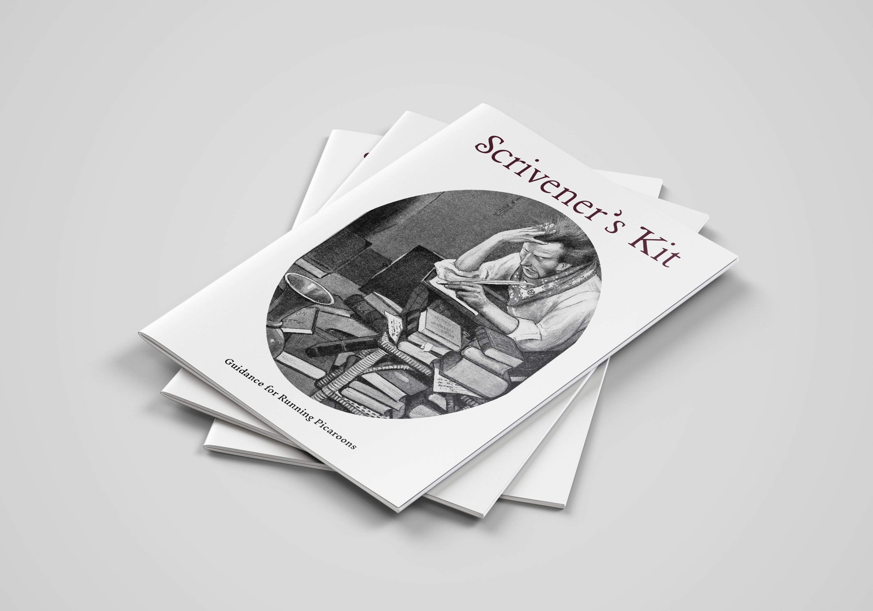 Mockup of the Scrivener's Kit zine, featuring a man staring in thought at a paper he is writing on, surrounded by stacks of books